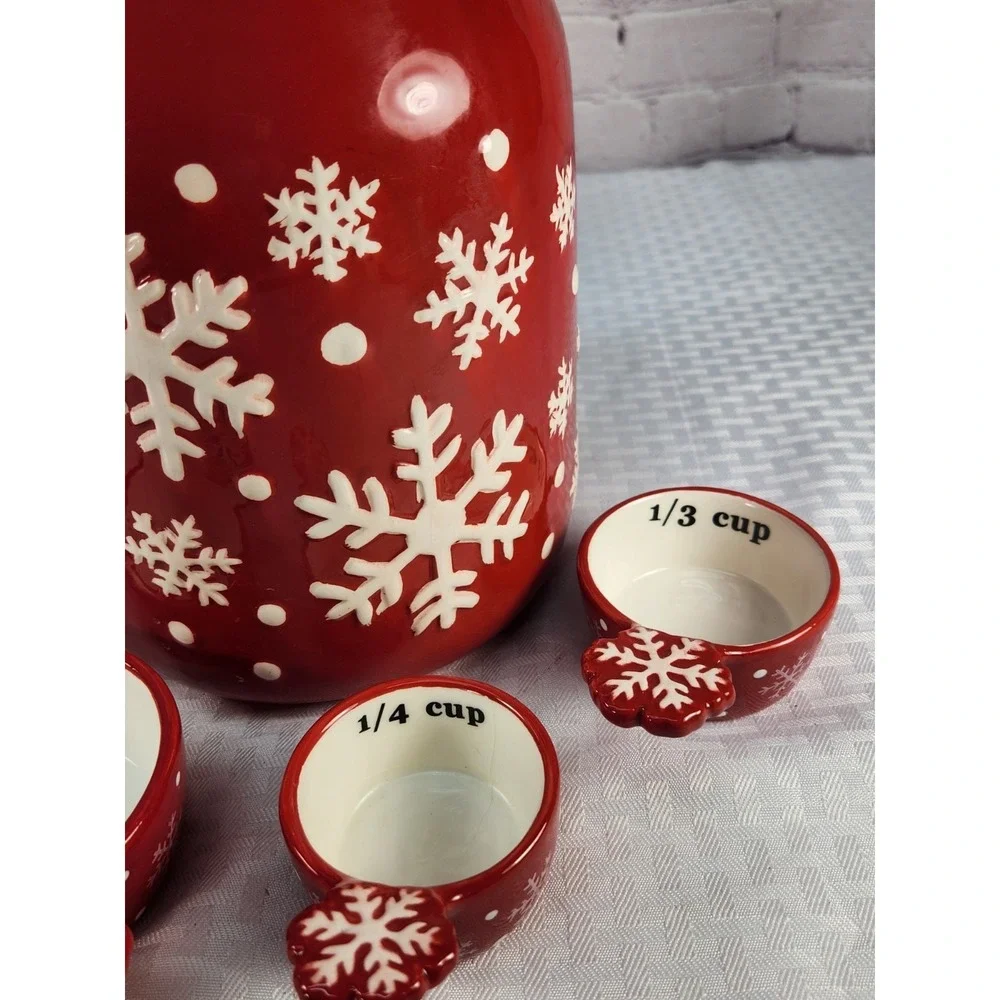 Red & White Snowflake‎ Cookie Jar + Matching Measuring Cups